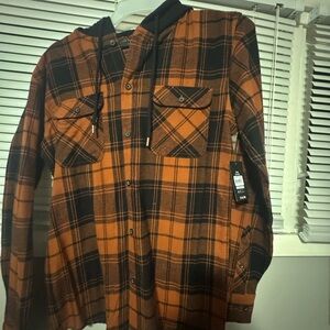 Men's Orange and Black Plaid Shirt